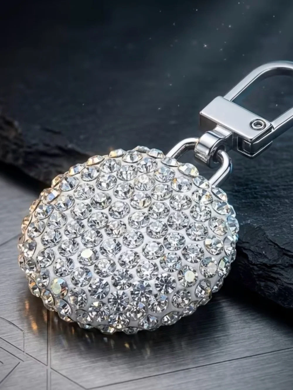 Crystal Pavé Round Keychain Charm - Silver 1.7 inch